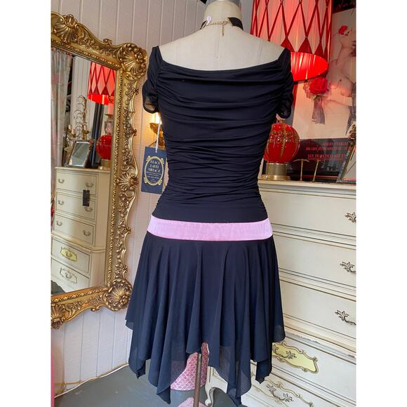vintage y2k black ruched net off the shoulders dress trixxi hankie hem pink sash - Picture 8 of 9